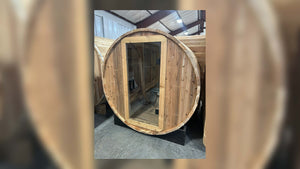 2 Person Blazin Barrel sauna in Sugi cedar with a glass front door