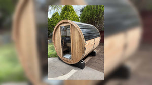 4 Person Blazin Barrel, front view with glass door in a landscaped backyard