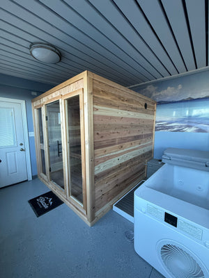 White cold plunge tub with control panel and chiller fan on the front