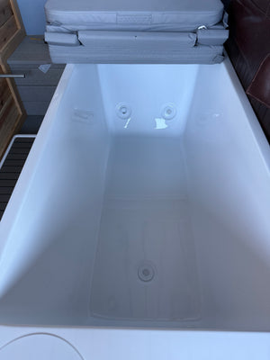 Cold plunge step platform next to the tub and a cedar sauna wall